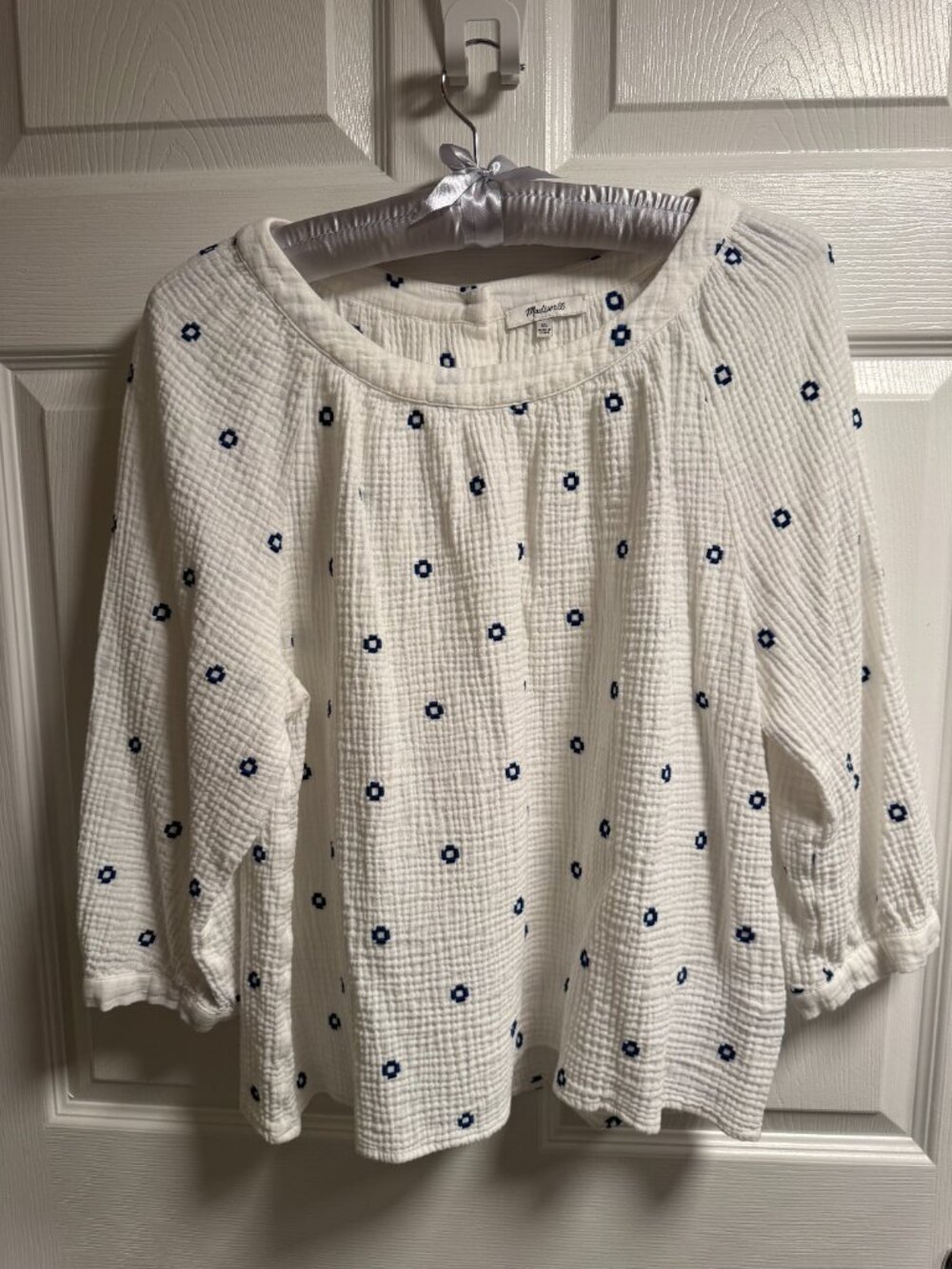 Madewell Cotton Gauze Top – White w/ Blue Flower Dot Print | Size XL